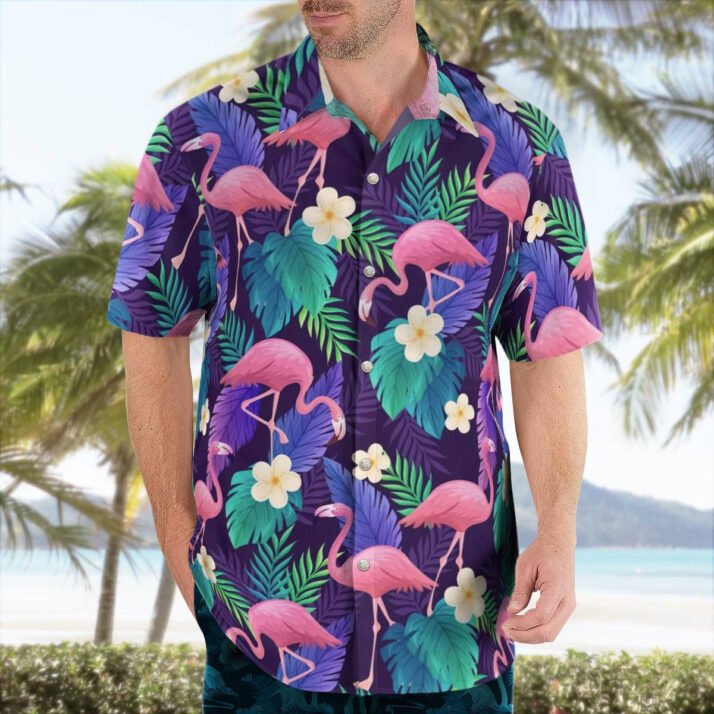 Pink and Violet Forest Flamingo Pattern Hawaiian Shirt - Image 2