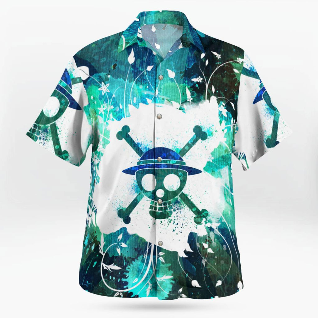 One Piece Logo Hawaiian Blue Button up Shirts One Piece Logo Blue Button up Shirts