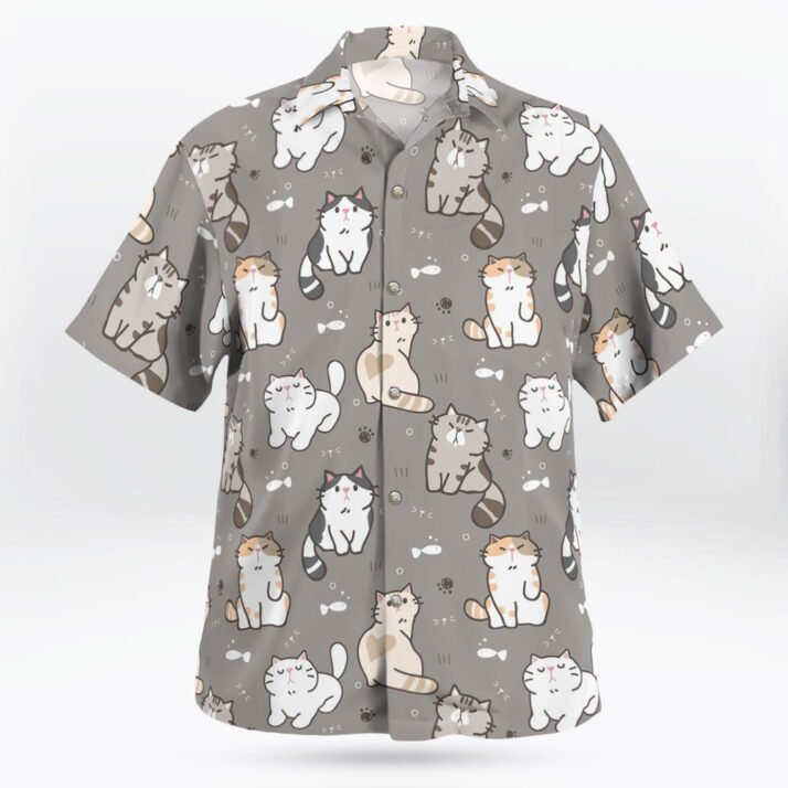 Kawaii Cat Pattern Button Up Gray Hawaiian Shirt