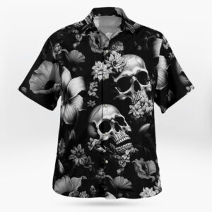Black White Skulls and Daisies Hawaiian Shirts for Men 3