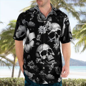 Black White Skulls and Daisies Hawaiian Shirts for Men