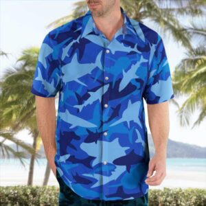 Blue Hand Painted Shark Button Up Shirts