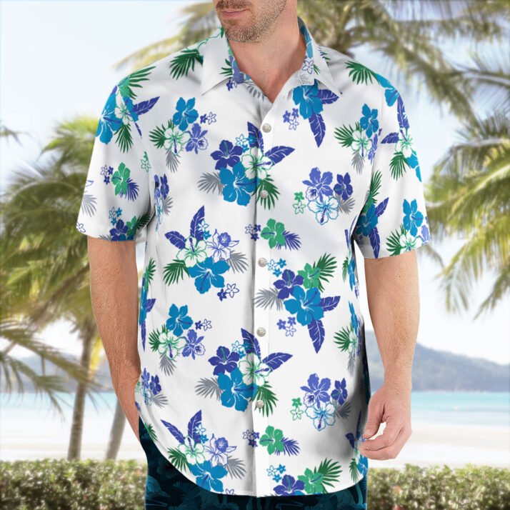 Blue and Green Hibiscus Pattern Hawaiian Shirt (1)