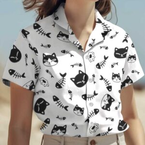 Cat and Fish Bone Pattern Hawaiian Shirts
