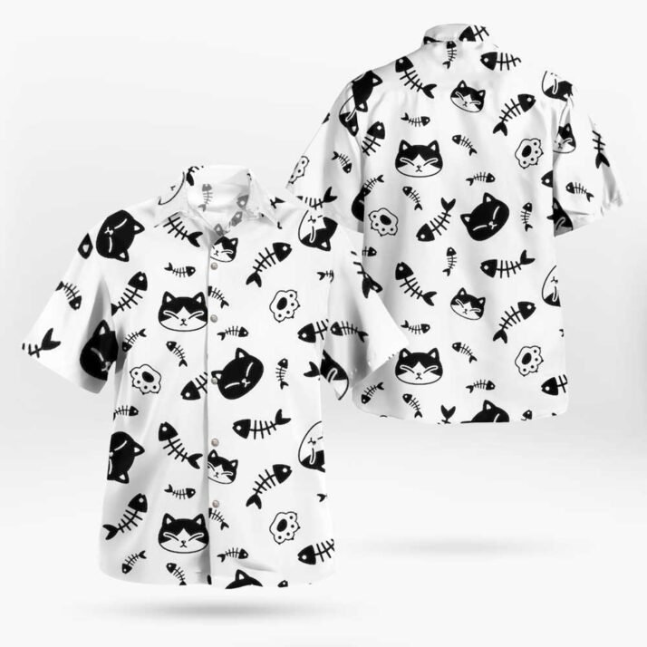 Cat and Fish Bone Pattern Hawaiian Shirts