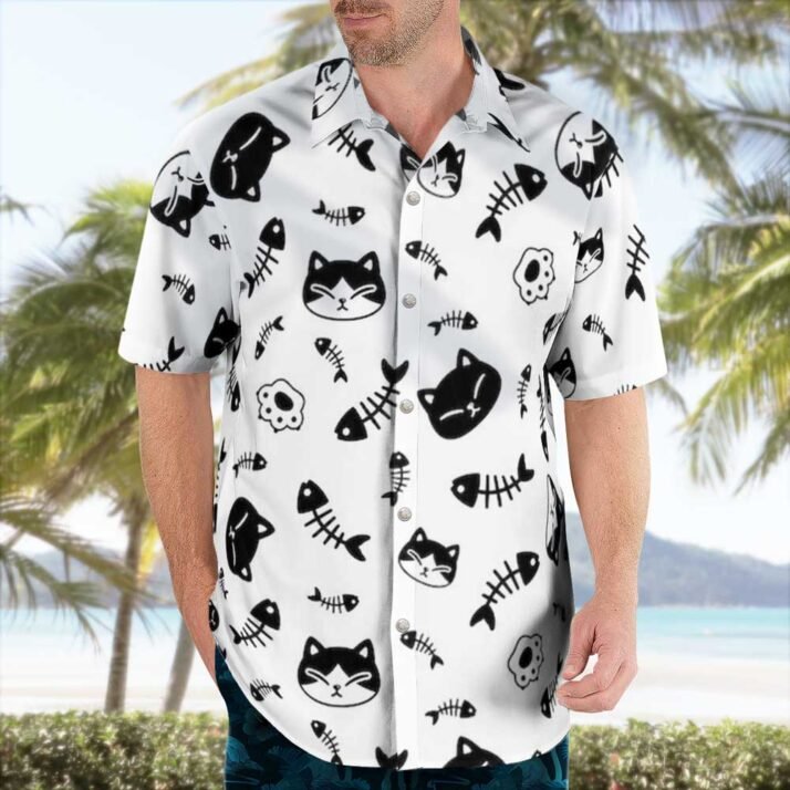 Cat and Fish Bone Pattern Hawaiian Shirts