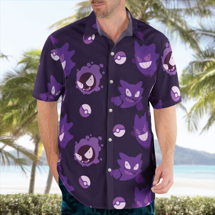 Gengar Pattern Pokemon Button Up Hawaiian Shirt