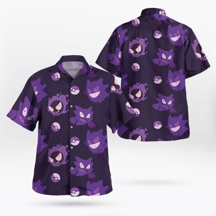Gengar Pattern Pokemon Button Up Hawaiian Shirt