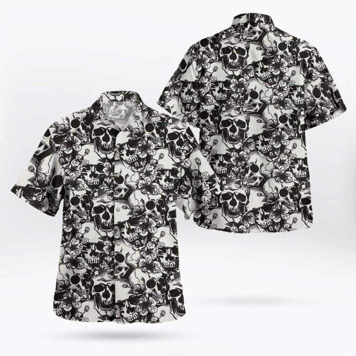 Men's Black White Skull Hawaiian Shirt av