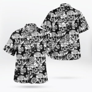 Black White Rose Skull Hawaiian Shirt