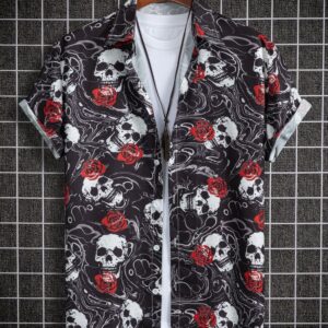 Skull And Floral Wallpaper Short Sleeve Shirt