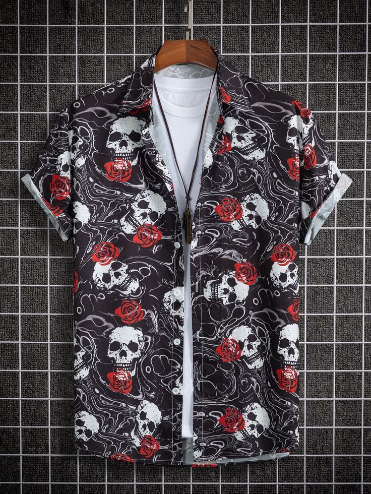 Skull And Floral Wallpaper Short Sleeve Shirt 4 Skull And Floral Wallpaper Short Sleeve Shirt