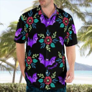 Halloween Bats And Floral Wallpaper Short Sleeve Shirt