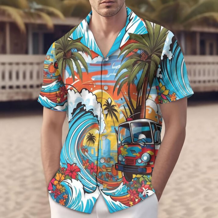 Vintage Hawaiian Prints Ocean Waves Men Shirt