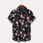 Pink Flamingo Print Black Hawaiian Short Sleeve Shirt.