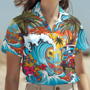 Vintage Hawaiian Prints Ocean Waves Women Shirt