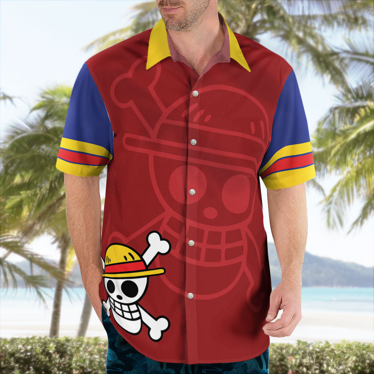 One Piece Strawhats Style Button Up Hawaiian Shirts 6 One Piece Luffy Straw Hat Button Up Hawaiian Shirt 2