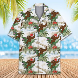 Bigfoot Riding Dinosaur Hawaiian Shirt – Funny Sasquatch Tropical Print Aloha Shirt