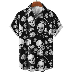 Black & White Skull Bloom Men's Hawaiian Shirt