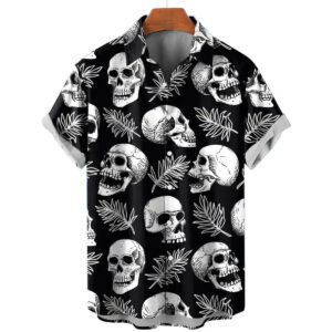 Skull & Leaf Paradise Black White Hawaiian Shirt
