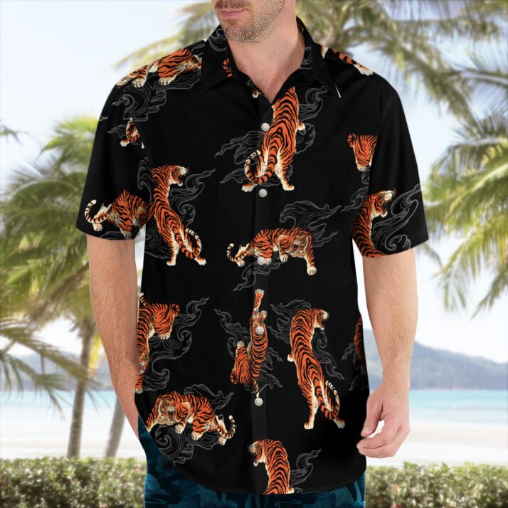 Fierce Tiger Hawaiian Shirt – Bold Tiger Print on Black Background - Image 2