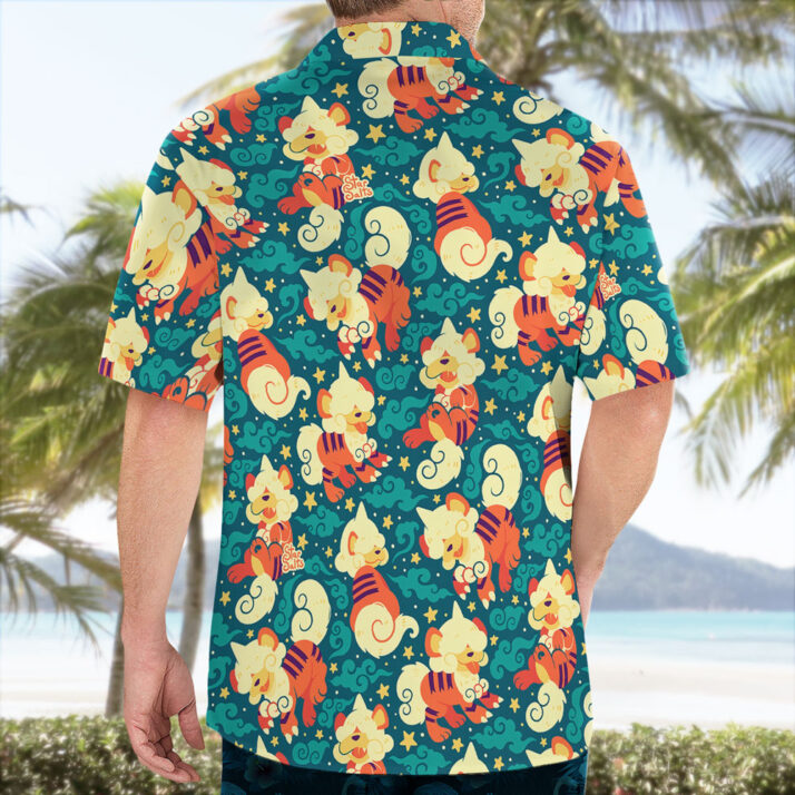 Cute Hisuian Growlithe Pokemon Button Up Hawaiian Shirt - Image 3