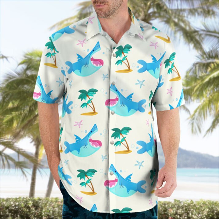 Men’s Shark Print Button-Up Aloha Shirt – Beach Vibes