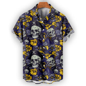 Pirate Skull and Yellow Hibiscus Hawaiian Shirt