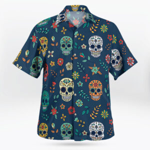 Navy Suger Skull Pattern Button Up Hawaiian Shirt