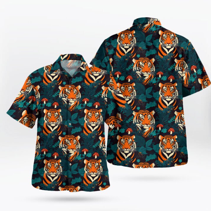 Tiger Face in Jungle Leaves Hawaiian Shirt