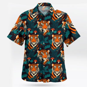 Tiger Face in Jungle Leaves Hawaiian Shirt