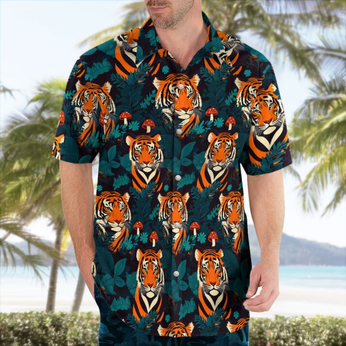 Tiger Face in Jungle Leaves Hawaiian Shirt – Wild Tropical Vibes - Image 2