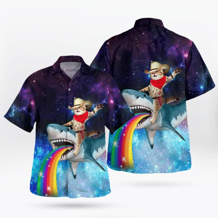 Cowboy Cat Riding Shark Hawaiian Shirt - Image 3