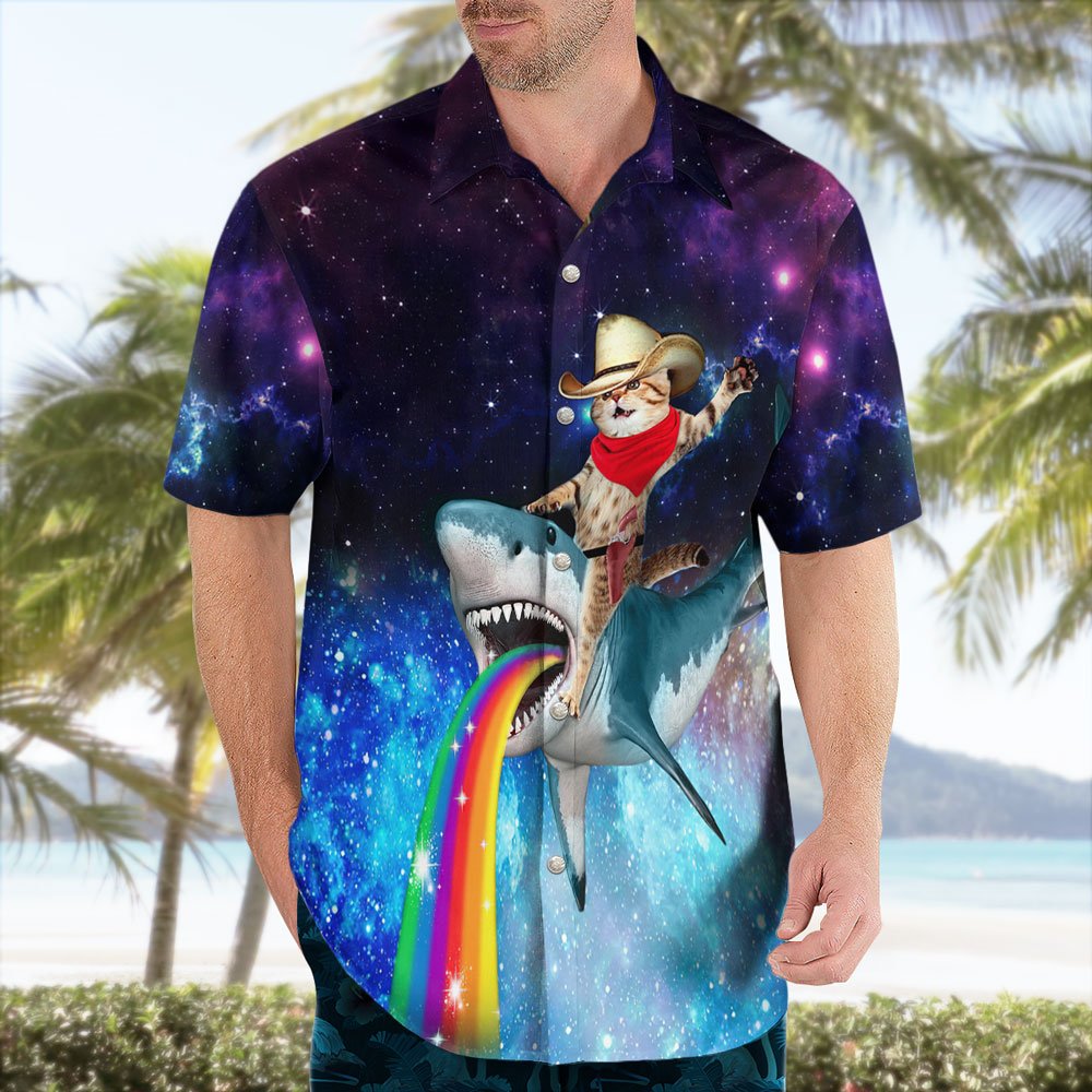 Cowboy Cat Riding Shark Hawaiian Shirt 2