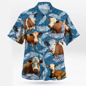 Hereford Cow Lovers Blue Feather Hawaiian Shirt