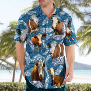 Hereford Cow Lovers Blue Feather Hawaiian Shirt