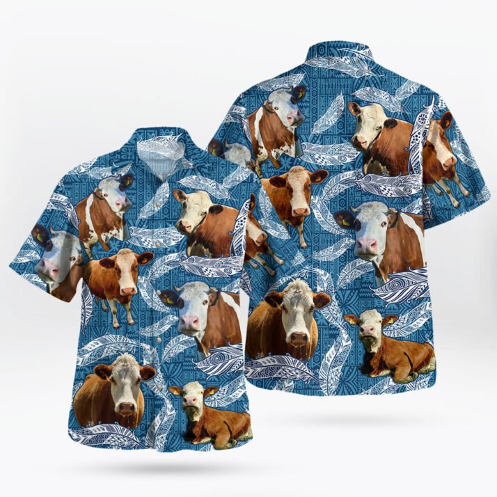 Hereford Cow Lovers Blue Feather Hawaiian Shirt - Image 3
