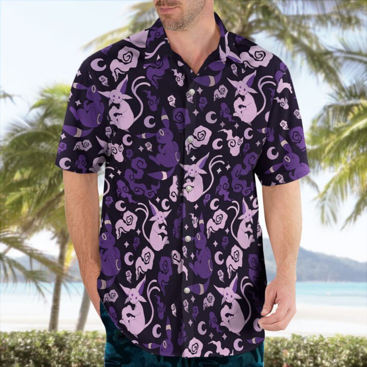 Anime Pokemon Espeon and Umbreon Purple Night Hawaiian Shirt - Image 2