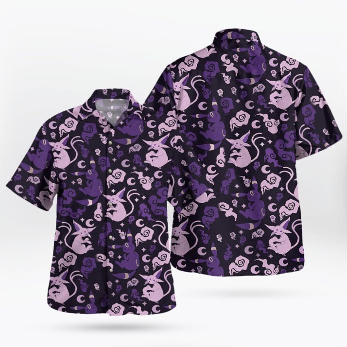 Anime Pokemon Espeon and Umbreon Purple Night Hawaiian Shirt - Image 3