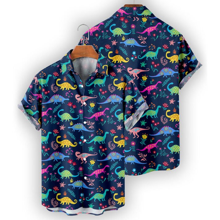 Colorful Dinosaur Pattern Hawaiian Shirt – Fun Tropical Short Sleeve - Image 3