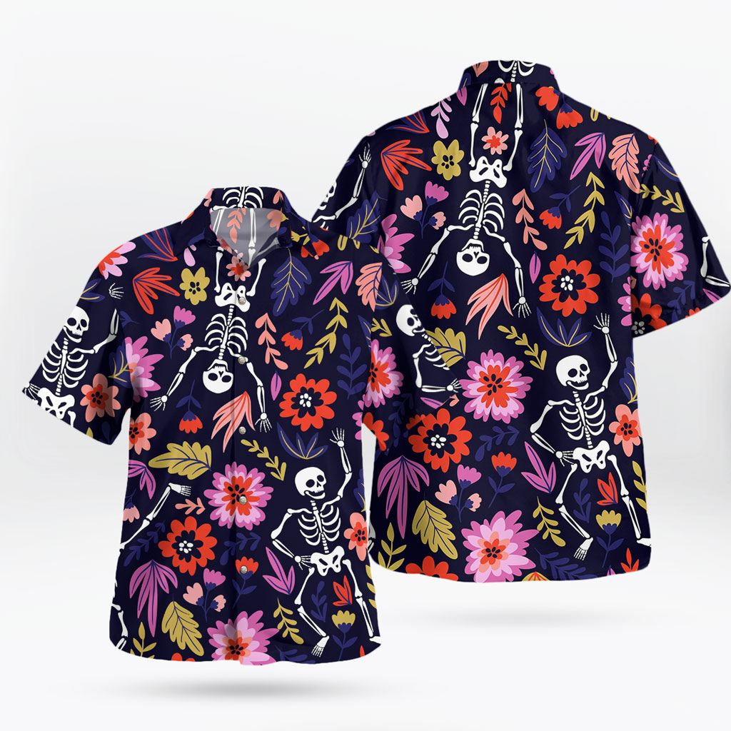 Floral Skeleton Skull Hawaiian Shirt – Mens Halloween Holiday Button-Up 6 Floral Skeleton Skull Hawaiian Shirt – Mens Halloween Holiday Button-Up