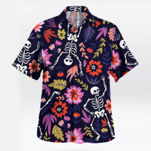 Floral Skeleton Skull Hawaiian Shirt – Mens Halloween Holiday Button-Up