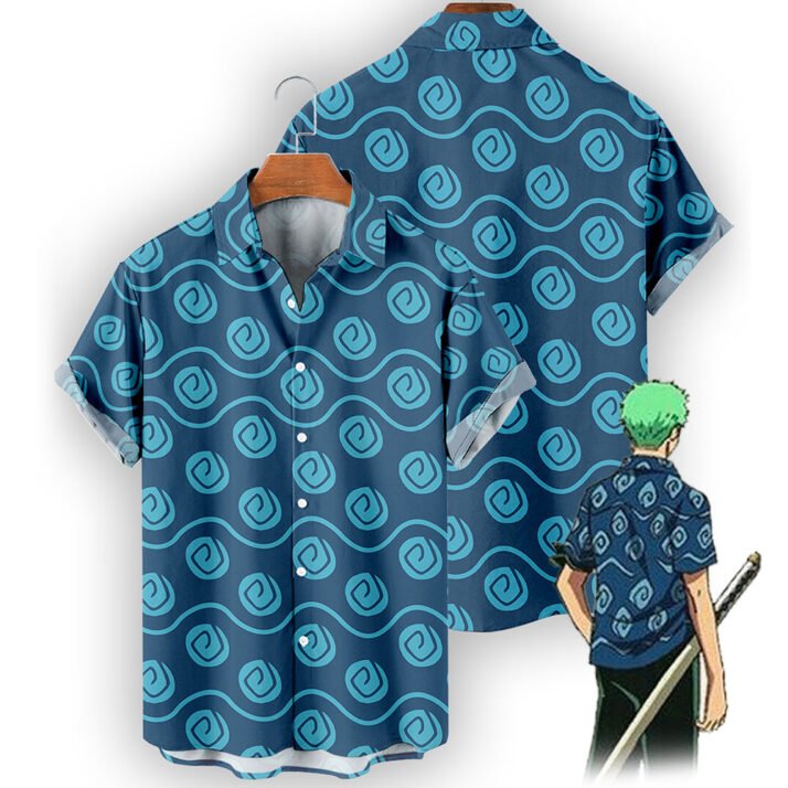 One Piece Zoro Arlong  Hawaiian Shirt – Blue Spiral Button Down Anime Shirt - Image 4