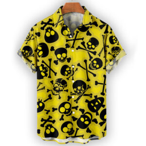 Skull Hawaiian Shirt – Yellow & Black Crossbones Print Button-Up