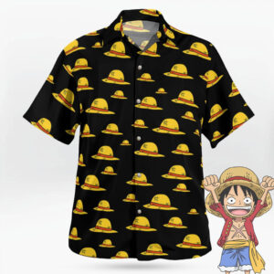 Straw Hat Pirate Symbol Print Black Button-Up Shirt