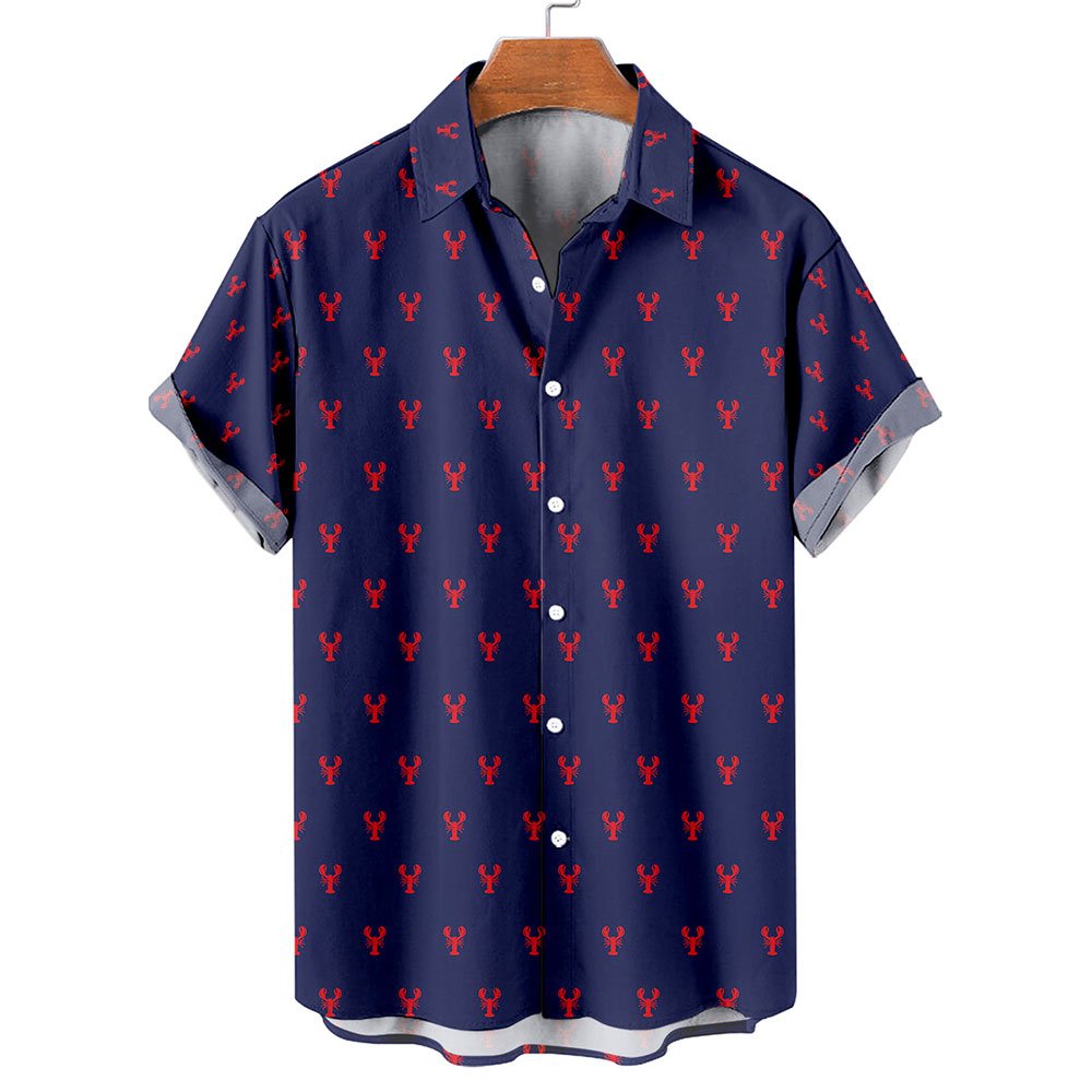 Navy Blue Red Lobster Pattern Casual Hawaiian Shirt