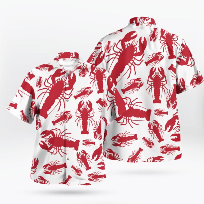 Red Lobster Print Short Sleeve Hawaiian Shirt White Base