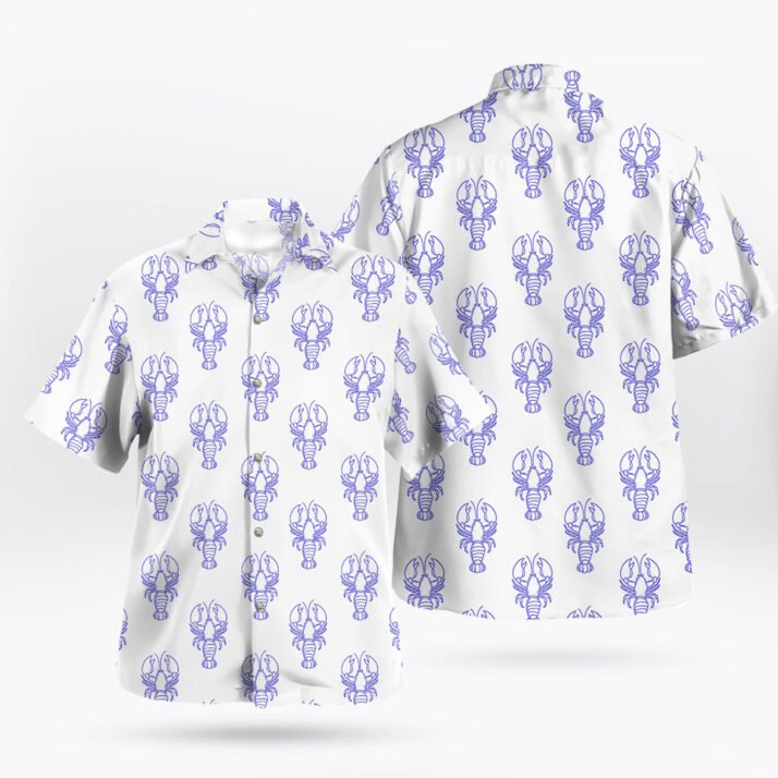 White Blue Lobster Pattern Button Up Aloha Shirt