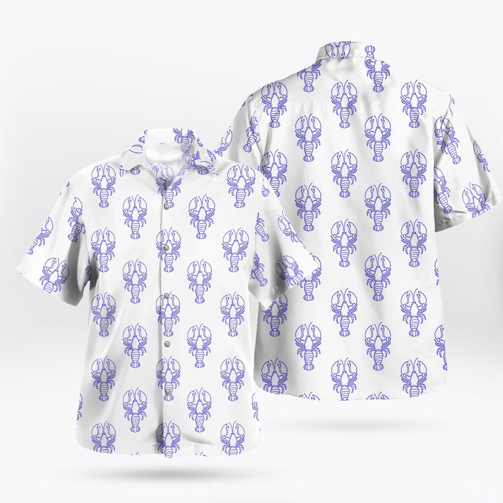 White Blue Lobster Pattern Button Up Aloha Shirt 7 White Blue Lobster Pattern Button Up Aloha Shirt