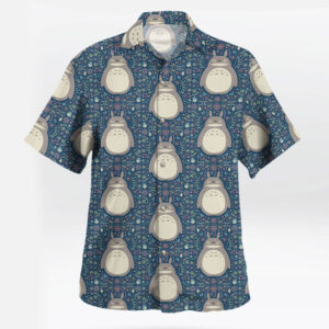 Blue Floral Totoro Short Sleeve Button Up Shirts